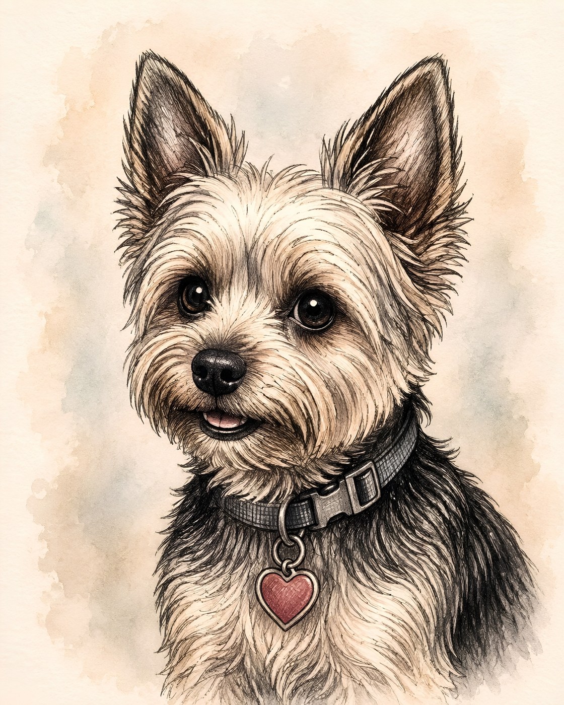 Miles the Mighty Yorkie wearing his heart-shaped tag