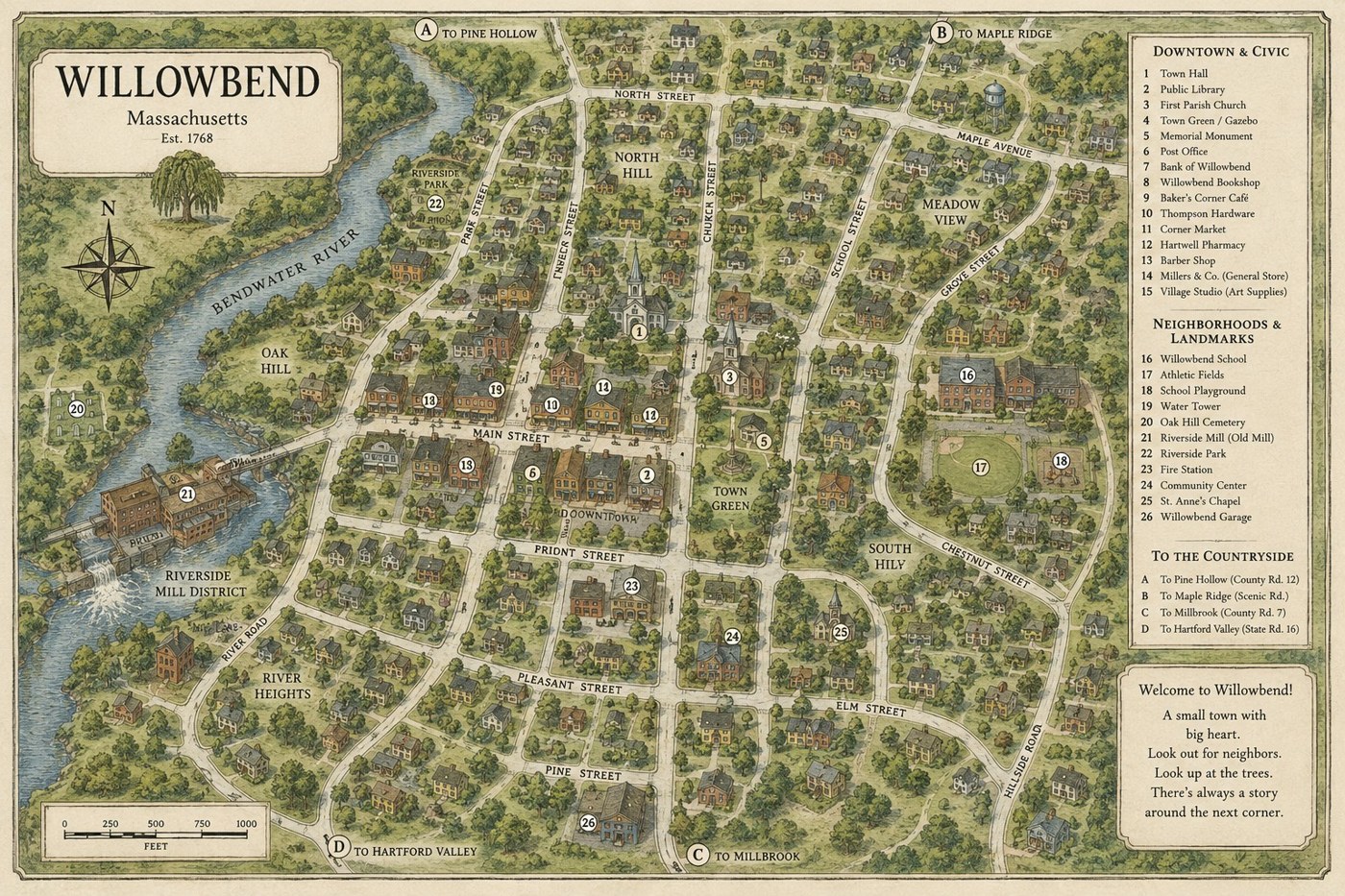 An illustrated map of Willowbend